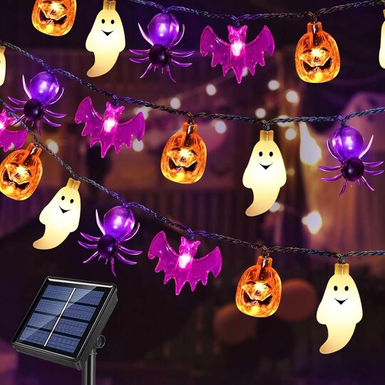Citrus; Solar Powered Halloween Lights 40 LED with 3D Pumpkin Bat Ghost Spider Shapes, 8 Lighting Modes Waterproof Outdoor String Lights with Auto On/Off for Yard Porch Garden Party Decorations; Category:Fall Outdoor Decor; Image:1
